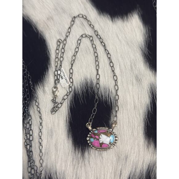 Native American SW Sterling Silver Cotton Candy Turquoise Oval Bar Necklace - Picture 2 of 7